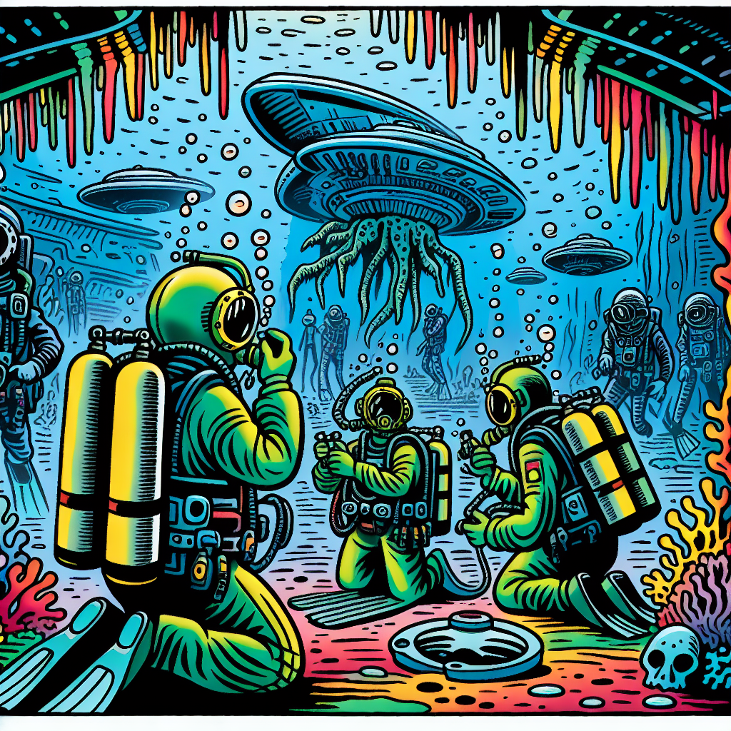 divers exploring underwater alien base