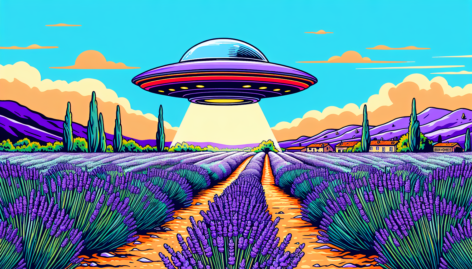 UFO hovering over a lavender field in Valensole