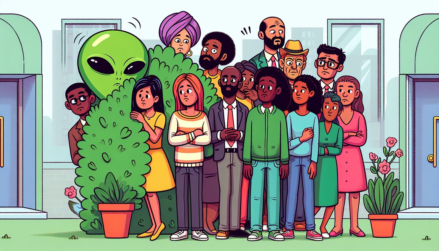 Cartoon alien hiding behind a bush